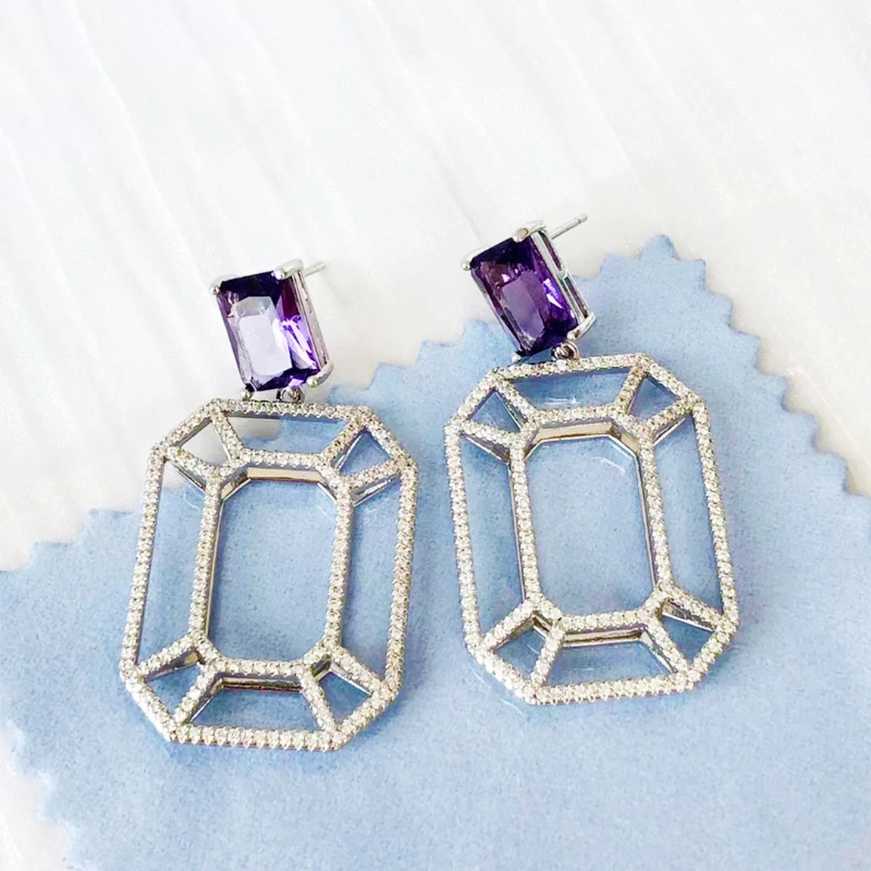 

925 sterling silver Pave AAAAA gemstone shape earrings for women Geometric Texture cold wind retro purple ear studs Gift jewelry