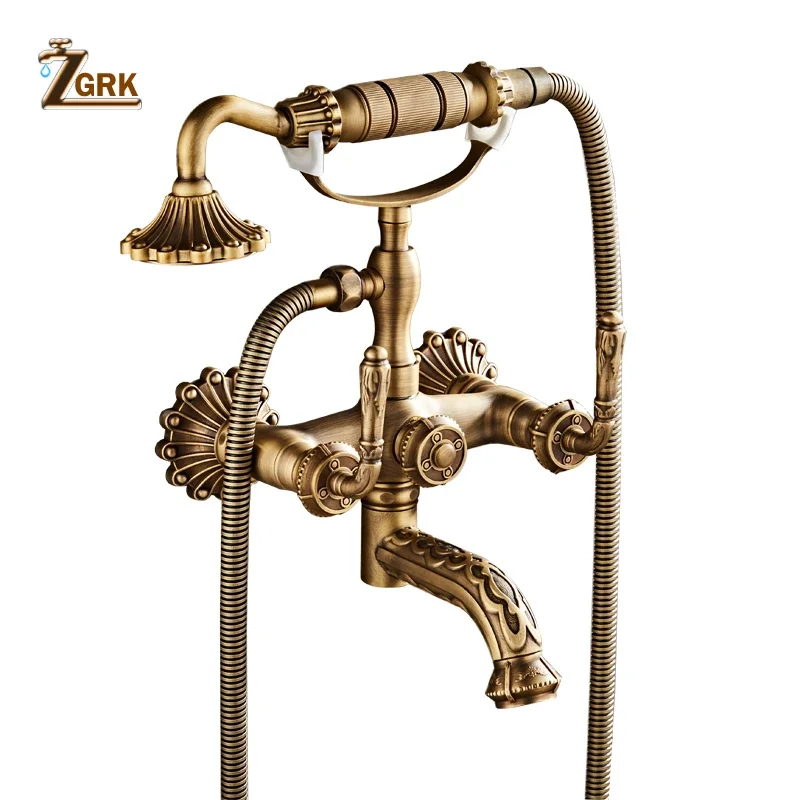 Antique Brass Bathtub Shower Faucets Set Wall Mounted Bath Shower Set Swivel Tub Spout Bath Dual Control Carved Mixer Tap bathroom faucet,bathroom shower faucet set