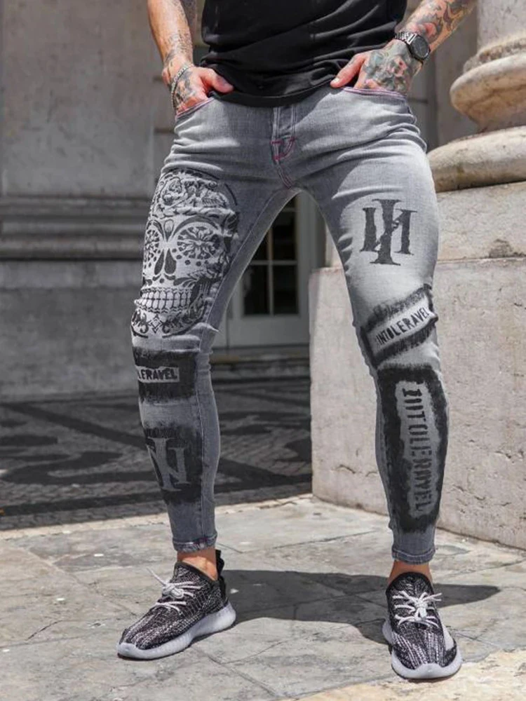 Pantalones Vaqueros De Moda Para Hombre Y2k Elásticos Sexy Pantalones Vaqueros Ajustados Para Hombres Impresión Lavado Gris Pantalones De Lápiz Mezclilla Informales Para Trotar Pantalones Para Hombre - Vaqueros - AliExpress