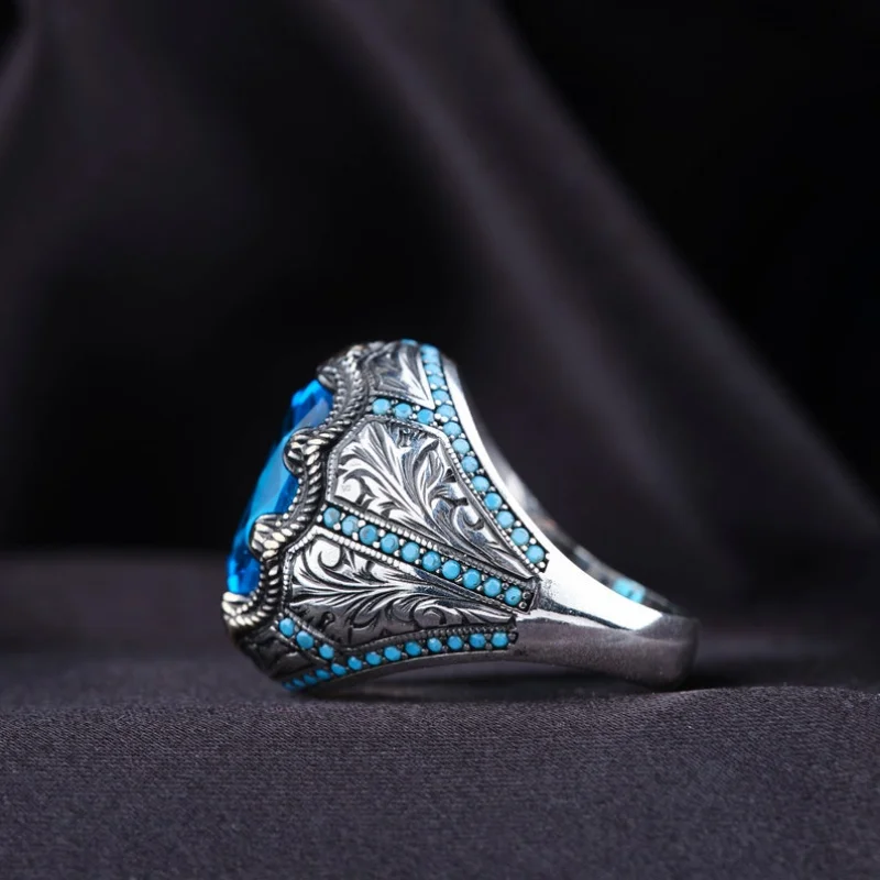 Turkish Rings Retro Handmade For Men Vintage Metal Silver Inlaid Blue Zircon Punk Muslim Jewelry