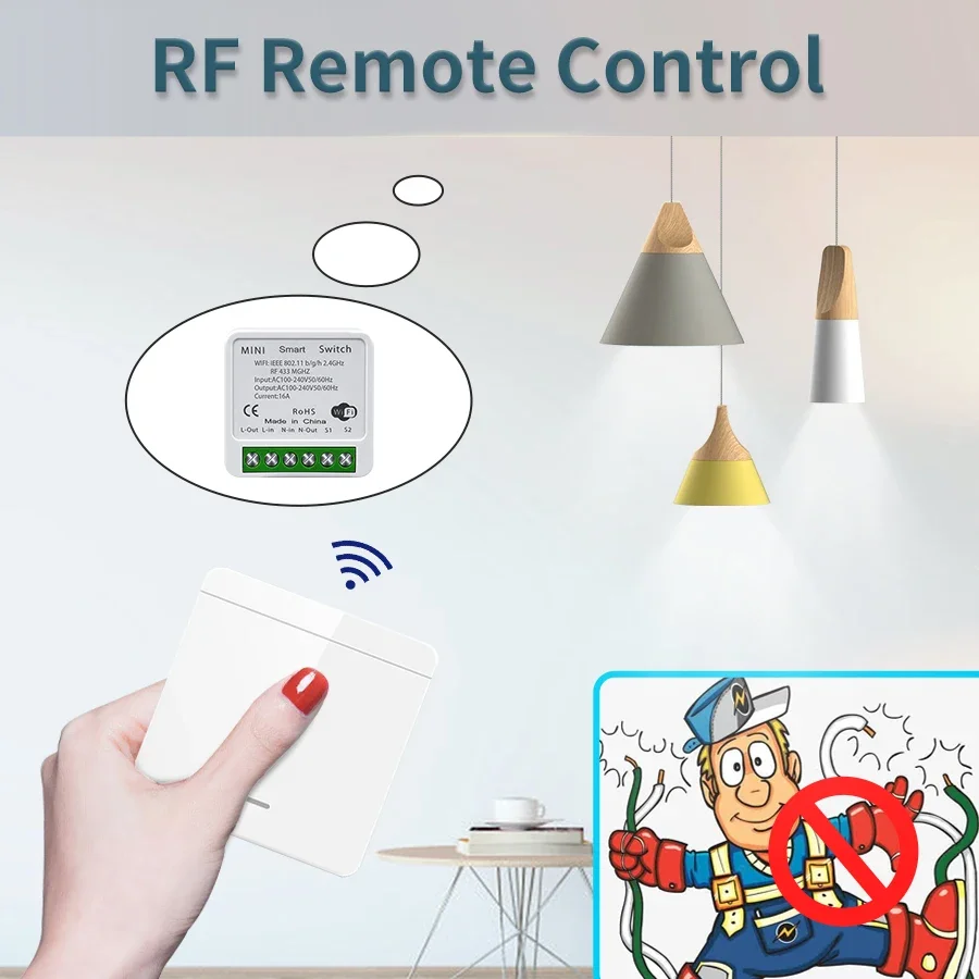 Wireless Light Switch Wifi RF 433MHz Smart Switch Tuya Smart Life Alexa Google Alice Voice Control Remote Wireless Wall Panel Module for Led Lighting