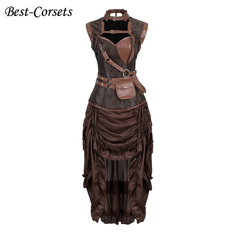 Brown Pirate Corset Dress Steampunk Leather Overbust Corset Top With Dress  Plus Size Burlesque Viking Costume for Women