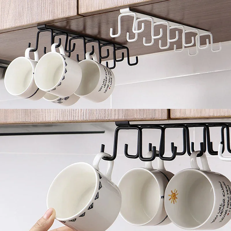 

Kitchen Organizer Hanging Rack Holder Iron 6 Hooks Storage Shelf Wardrobe Cabinet Metal Under Shelves Mug Cup Hanger Bathroom