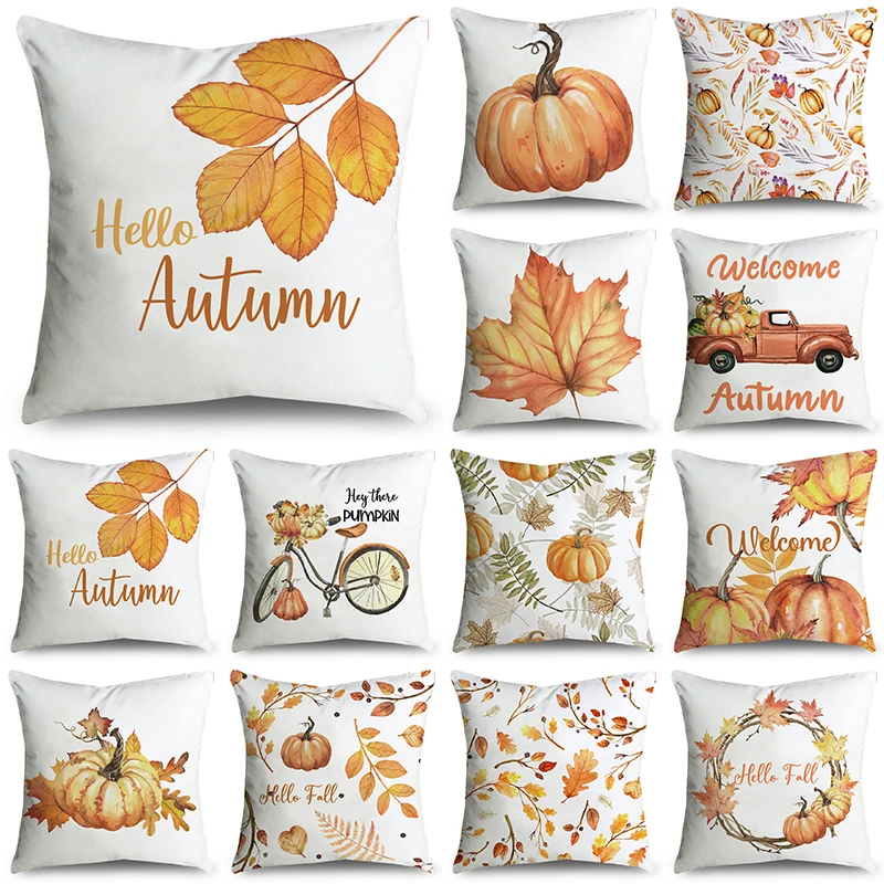

Welcome Autumn Big Orange Pumpkin Branches Leaves Throw Pillowcase Cushion Covers For Sofa Office Bedroom Decor Multiple Size