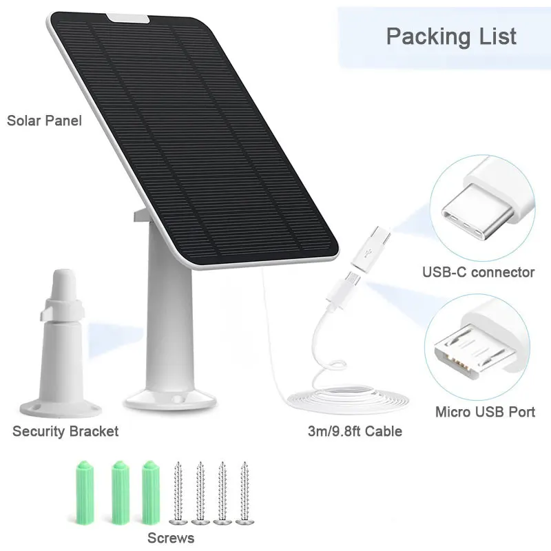 Lot de 4 panneaux solaires, câble micro USB avec adaptateur type-c, compatible avec wald fy 2C/2C Pro/E40/E20/2/2 Pro/E ZUMIMALL Reolink, etc.