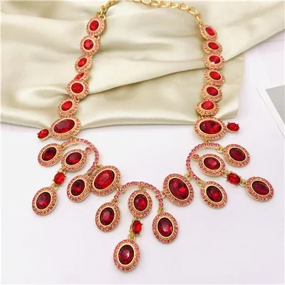 

European And American Oscar Red Crystal Pearl Fashion Vintage Do Old Necklace Jewelry For Woman Trend