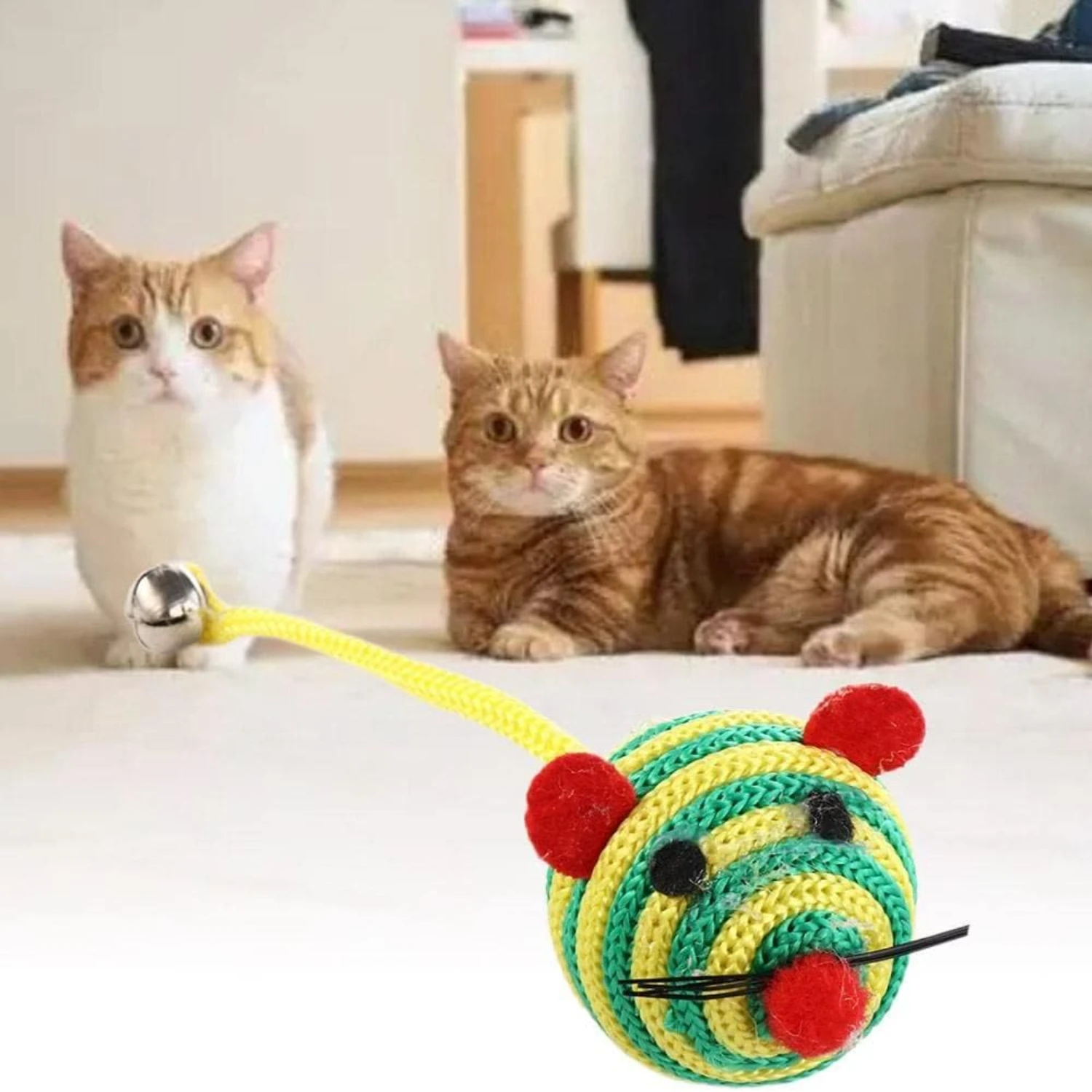 Pet Cat Toys Lovely Stripe Nylon Rope Round Ball Mouse Long Tail Cat Bite Play Toy with Interactive Chew Toy(Random color)