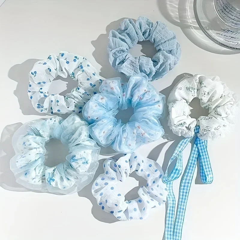 7PCS Sky Blue Lace Fabric Hair Ties & Rings Set for Women – Sweet Hair Accessories for Parties, Weddings & Valentine's Gift