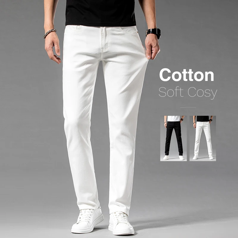 Classic Style Summer Men's Slim Fit White Jeans High Quality Business Fashion Cotton Stretch Denim Pants Brand Trousers