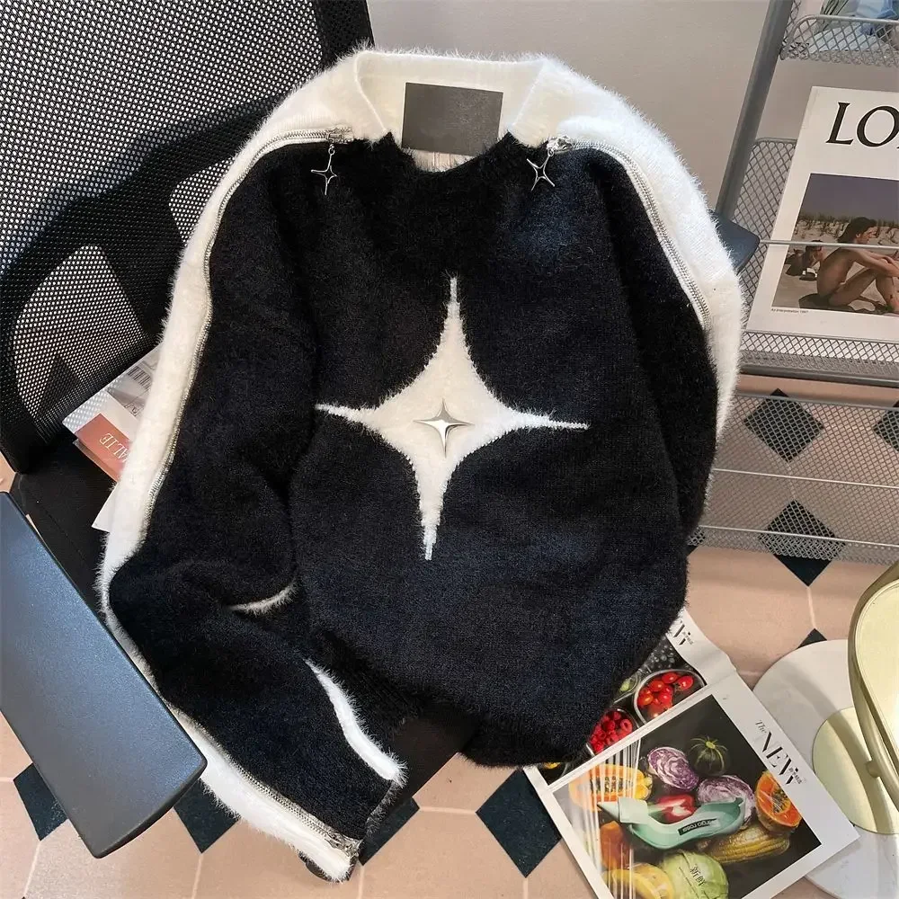

American Style Handsome Four Cornered Star Round Neck Sweater Winter Design Sense Zipper Contrast Color Fashion Couple Knitwear