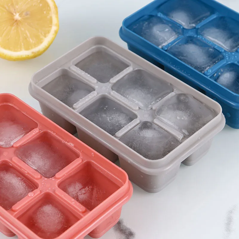 Reusable 6 Grid Ice Cube Maker Mold With Lid Silicone Ice Cube Square Tray Mold for Ice Cream Chocolate