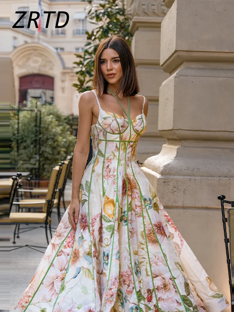 Fashion Halter Printed Sling Long Dress Women Pleat Backless Sleeveless A-line Holiday Dresses 2026 Summer Lady Contrast Robes 4