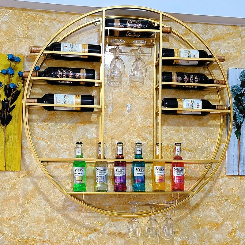 European Wrought Iron Bar Cabinets for Living Room Display Cabinet Modern Minimalist Bar Furniture Round Wall-mounted Wine Rack