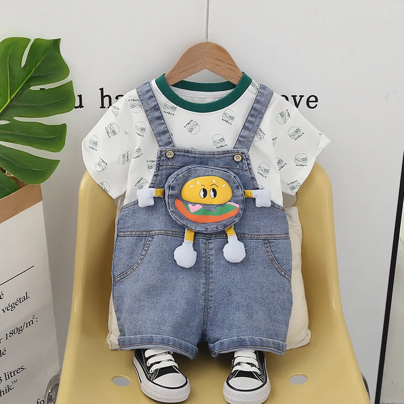 

2024 Designer Baby Boy 18 Months Old Summer Clothes for Kids Lovely Cartoon Short Sleeve T-shirts and Overalls Boys Outfits Set
