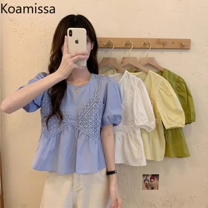 

Koamissa Women Sweet Solid Blouse Short Puff Sleeves O-neck Fake Two Shirts Fashion Student Outer Cropped Tops 2023 New Blusas