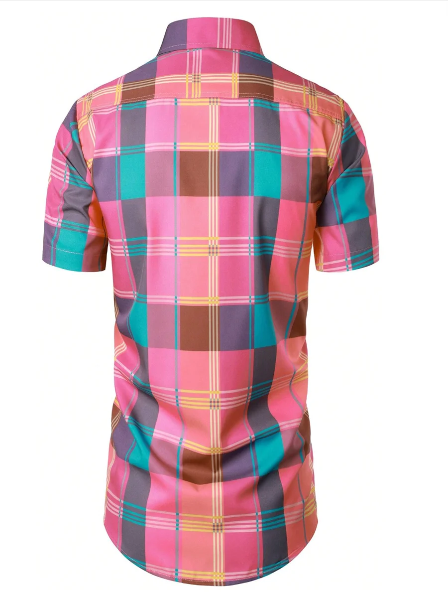 Color block plaid/plaid colorful casual men's shirt for daily wear, weekend outing, summer lapel short-sleeved 5XL fast shipping 2