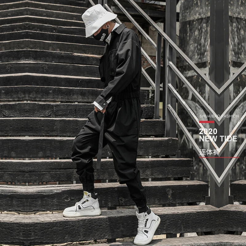 Retro Trendy Workwear One-Piece Long-Sleeved Jumpsuit Japanese Style Hip Hop Vintage Strap Men's Jumpsuit Hip Hop