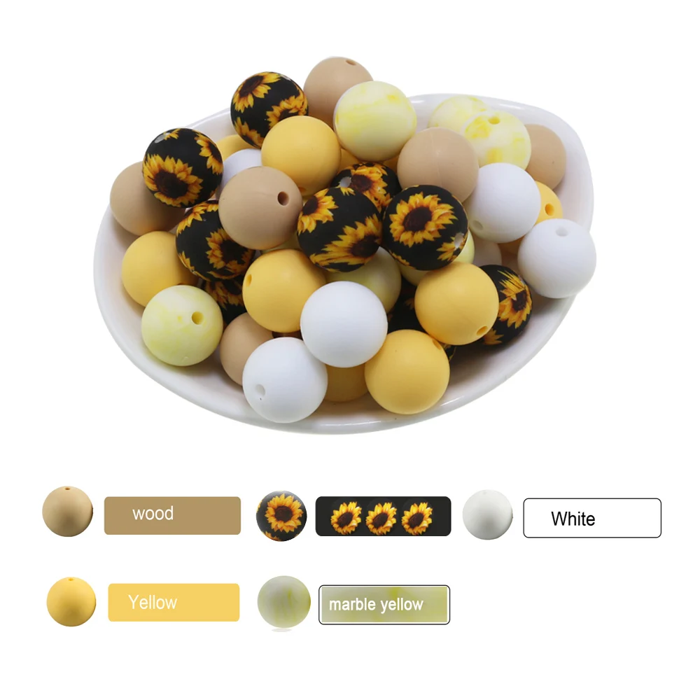 

15mm 100pcs/Lot Silicone Loose Beads Print Sunflower Dasiy Teether Round Baby DIY Chewable Colorful Teething For Infant