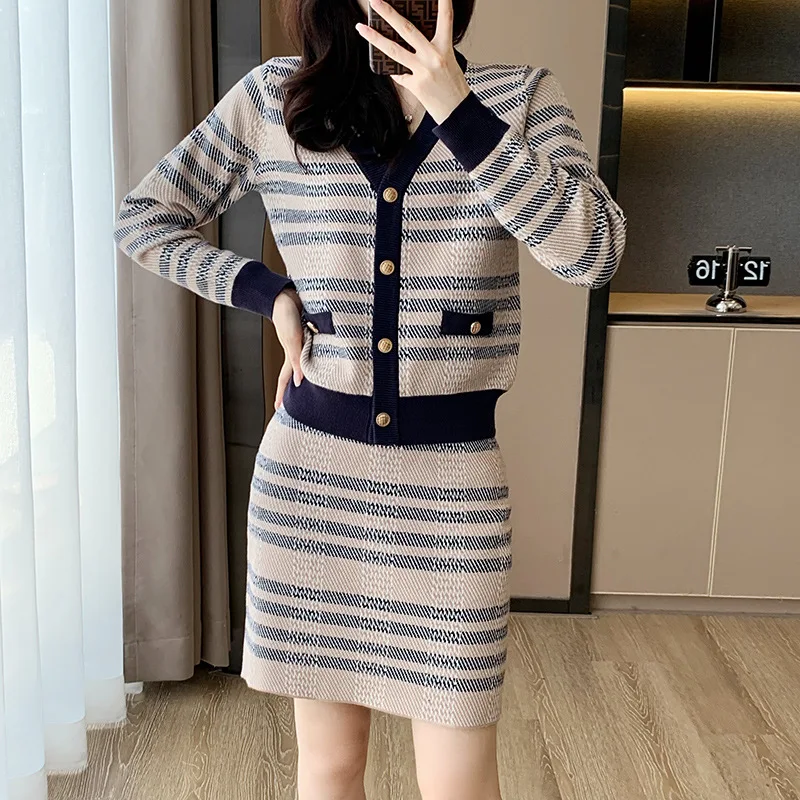 Autumn Dresses Set For Women Long Sleeved Sweet Temperament Commuting V-Neck Pullover Dress