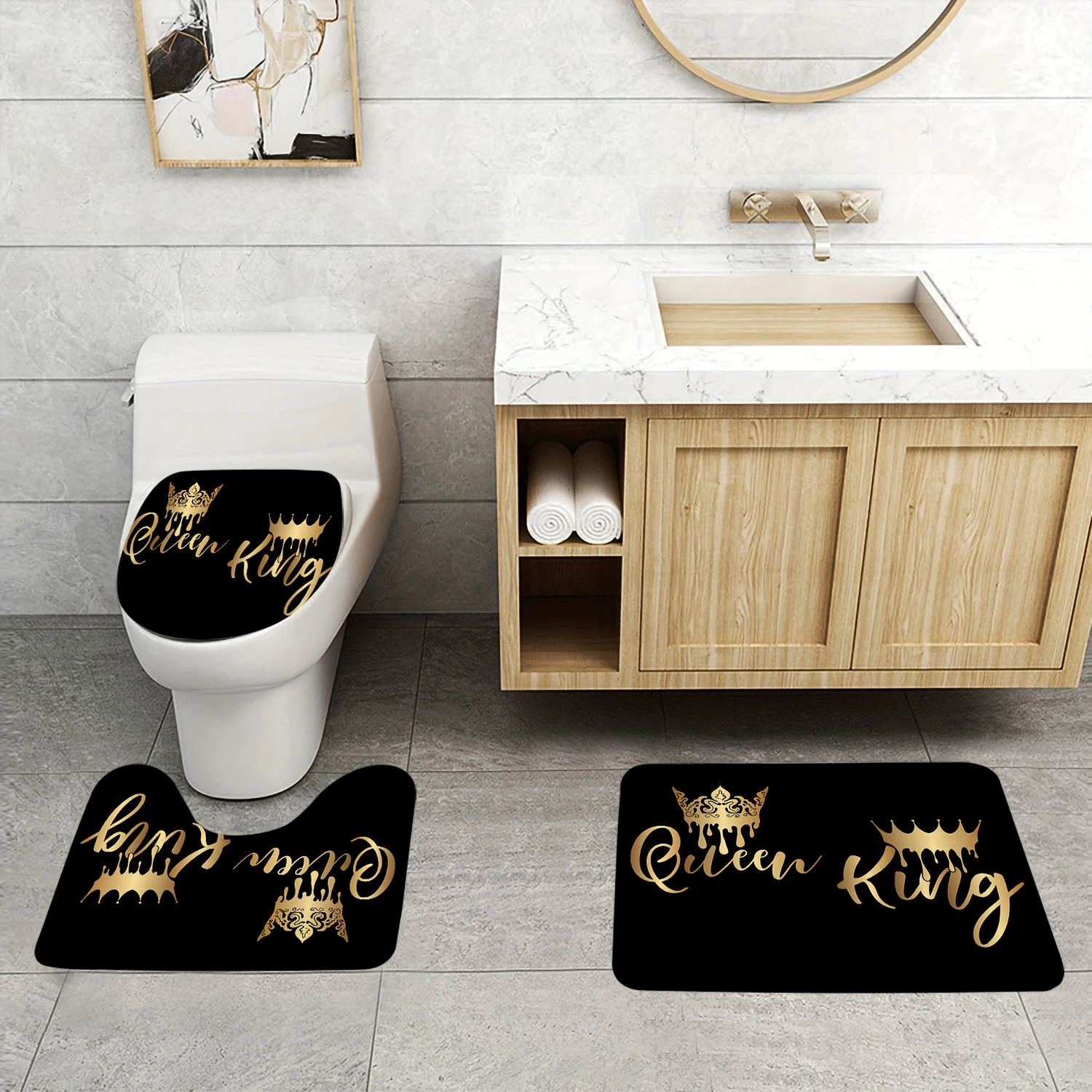 Crown Letter Pattern Shower Curtain Set, Waterproof Bath Curtain With , U-shaped Mat, Toilet Cover Mat, L-shaped Bathroom A