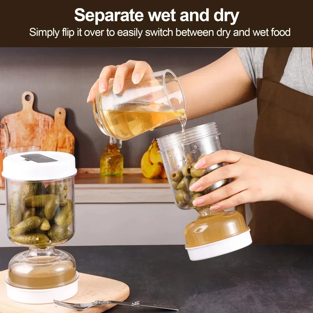 Sealed Pickles Jar Wet and Dry Separation Container with Fork Cucumber Olives Bottle with Strainer Flip Kitchen Food Storage Box 3