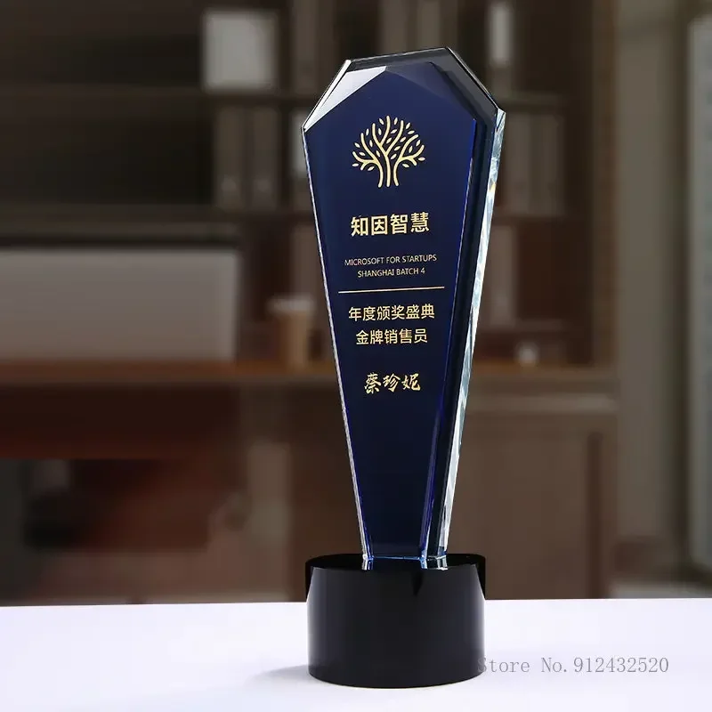 Customization Creative Blue Transparent Crystal Trophy Outstanding Employee Annual Meeting Honor Award Engraved Medal Decor, 1Pc