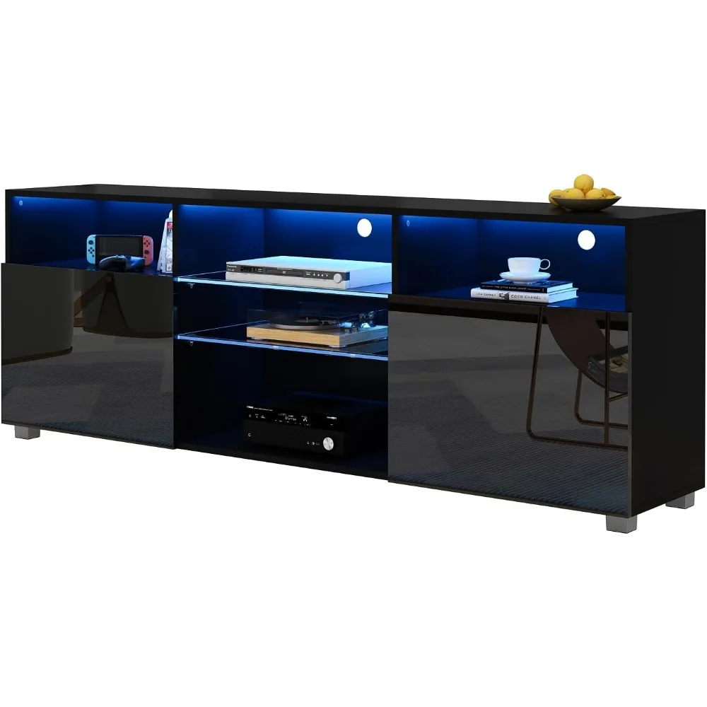 LED TV Stand for 65/75 inch TV, Modern Television Table Center Media Console with Drawer and Led Lights, TV Stand 6