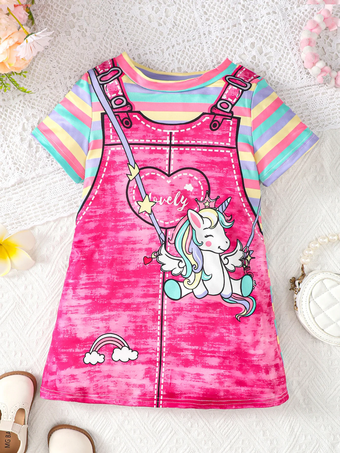 Summer girl’s short sleeved round neck unicorn rainbow stripe print cute casual rose red dress Summer girl’s short sleeved round neck unicorn rainbow stripe print cute casual rose red dress