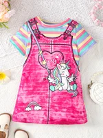 Summer girl’s short sleeved round neck unicorn rainbow stripe print cute casual rose red dress