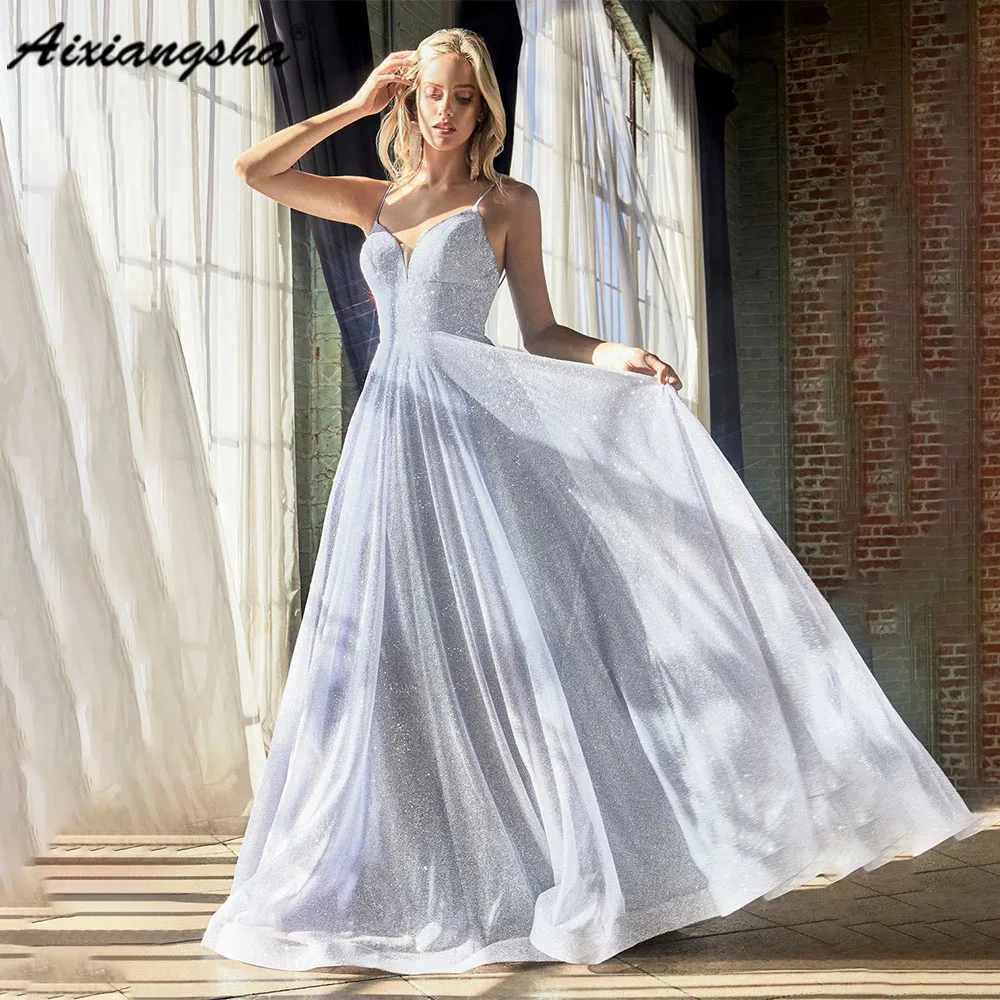 

Aixiangsha Glitter Stunning Floor Length Dress Spaghetti Straps Sweetheart Prom Dress Long A-line Evening Dress Sweep Train