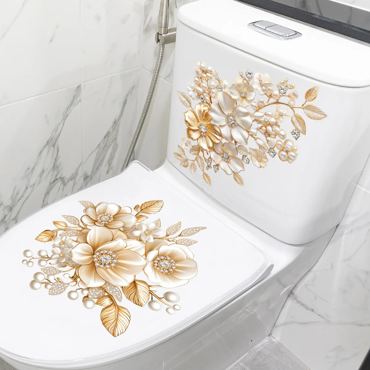Description Picture 6 of item1 Sheet Beautiful Golden Flower Toilet Sticker Bathroom Toilet Cover Decorative Sticker Waterproof Self Adhesive