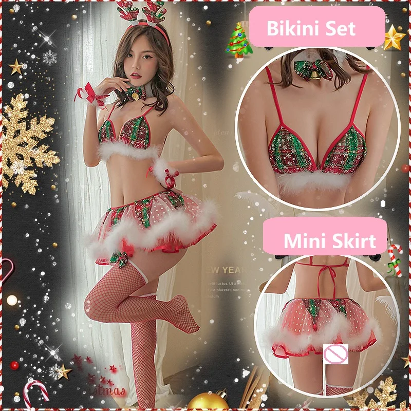 

Wholesale Women's Sexy Christmas Party Cosplay Lingerie Costumes Adult Lady Two Pieces Nude Santa Claus Reindeer Dress