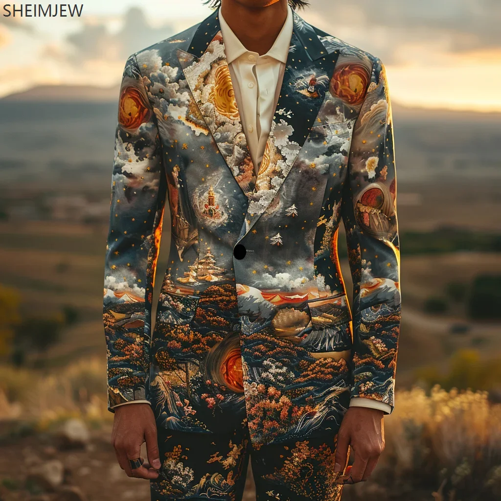 Men Colorful Landscape Print Suit Jacket & Pant Men Luxury Wedding Prom Party Dress Festival Sets Business Casual Banquet Suits