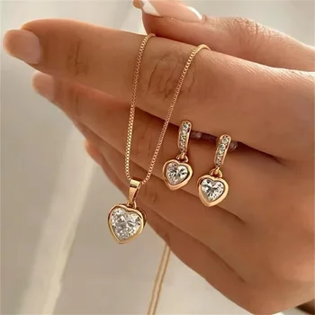 3 pçs coração pingente conjunto de jóias de brinco pingente colar para mulheres requintado moda strass duplo coração conjunto de jóias presente 1