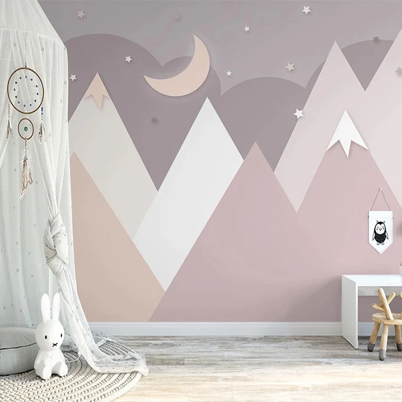 Papel de Parede 3d Personalizado para Quarto Infantil Papéis de Parede de Fundo Mural para Quarto Fundo Pink Mountain Peak Céu Estrelado Qualquer Tamanho