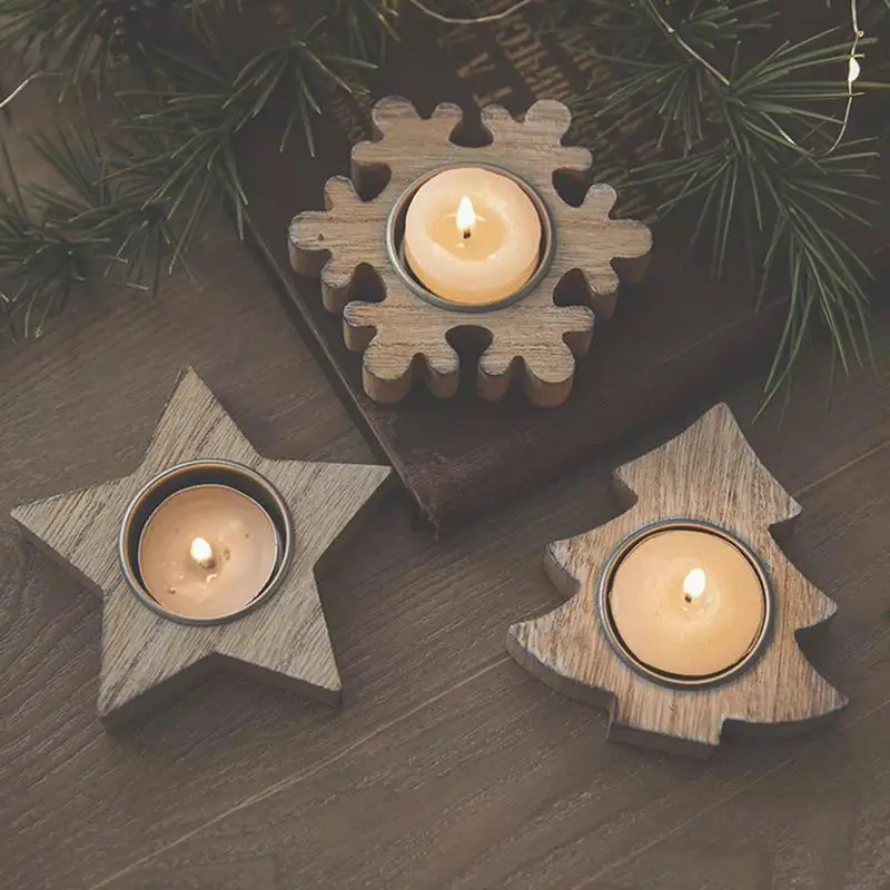 

Christmas Decoration Wood Tealight Candle Holder Candlestick Ornament Heart Snowflake Star Tree Shaped Home Desktop Decorations