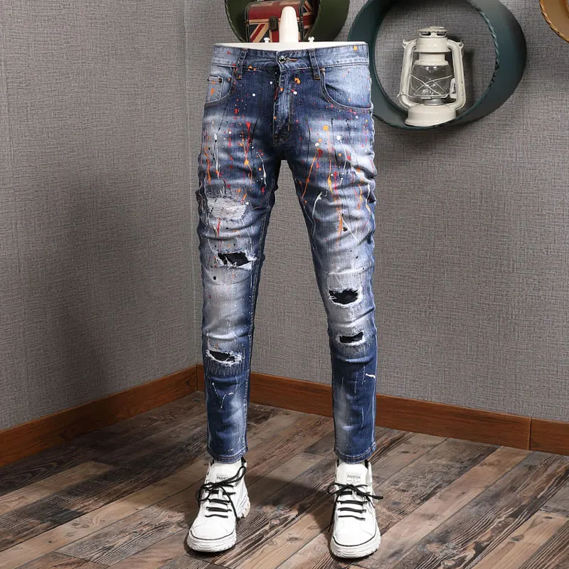 Street Fashion Men Jeans Retro Blue Elastic Stretch Slim Fit Painted Ripped Jeans Men Hole Patched Designer Hip Hop Denim Pants