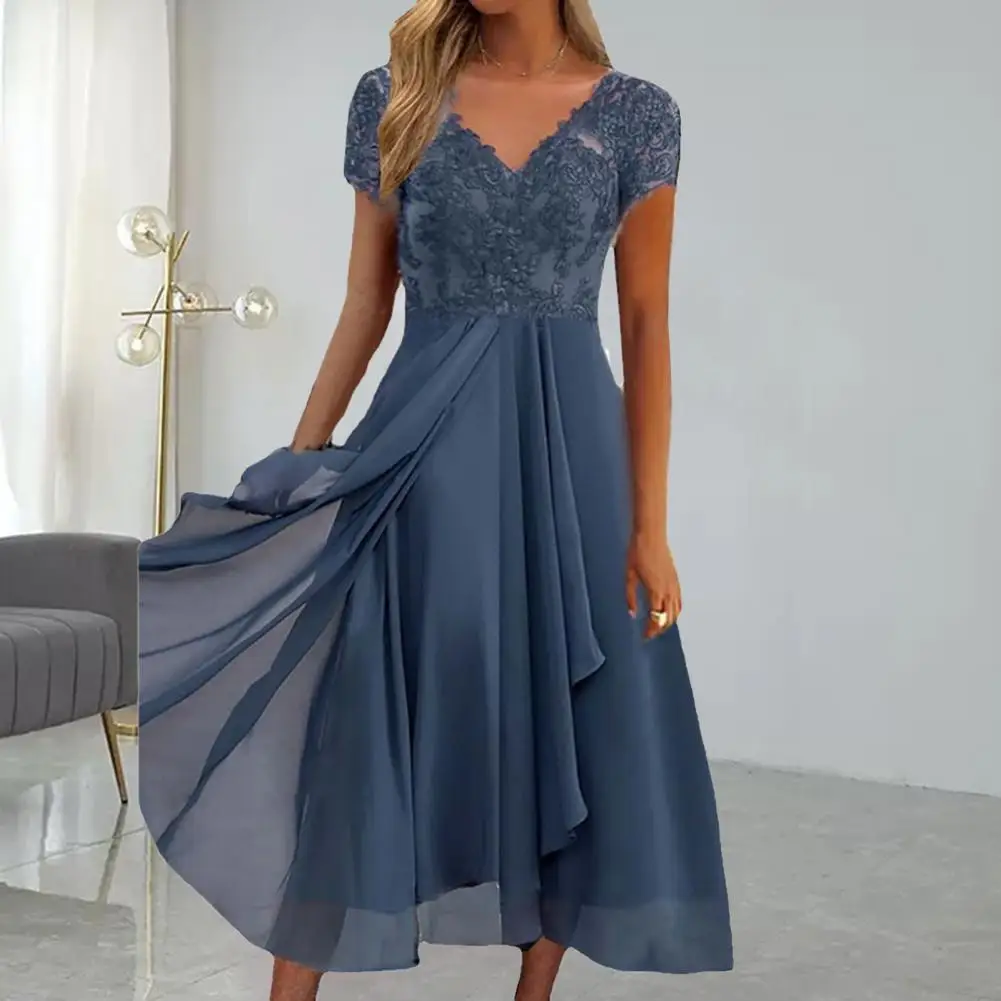 Floral Pattern Chiffon Draped Hem Women Dress Embroidery Lace Short ...