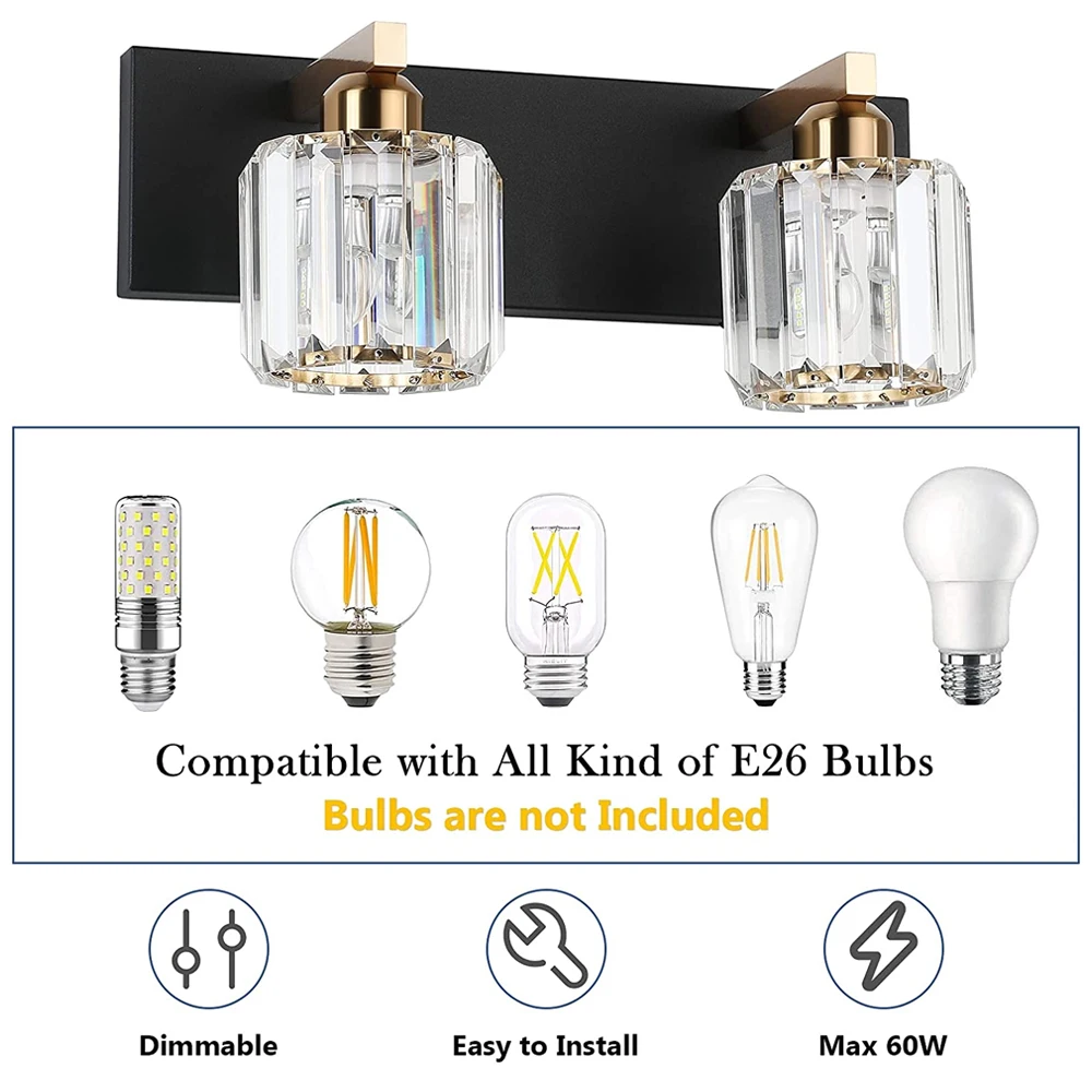 모던 크리스털 욕실 화장대 조명, 블랙 크롬 화장대 조명 기구, 스테인레스 스틸 벽 조명, 거울 위 E26 조명