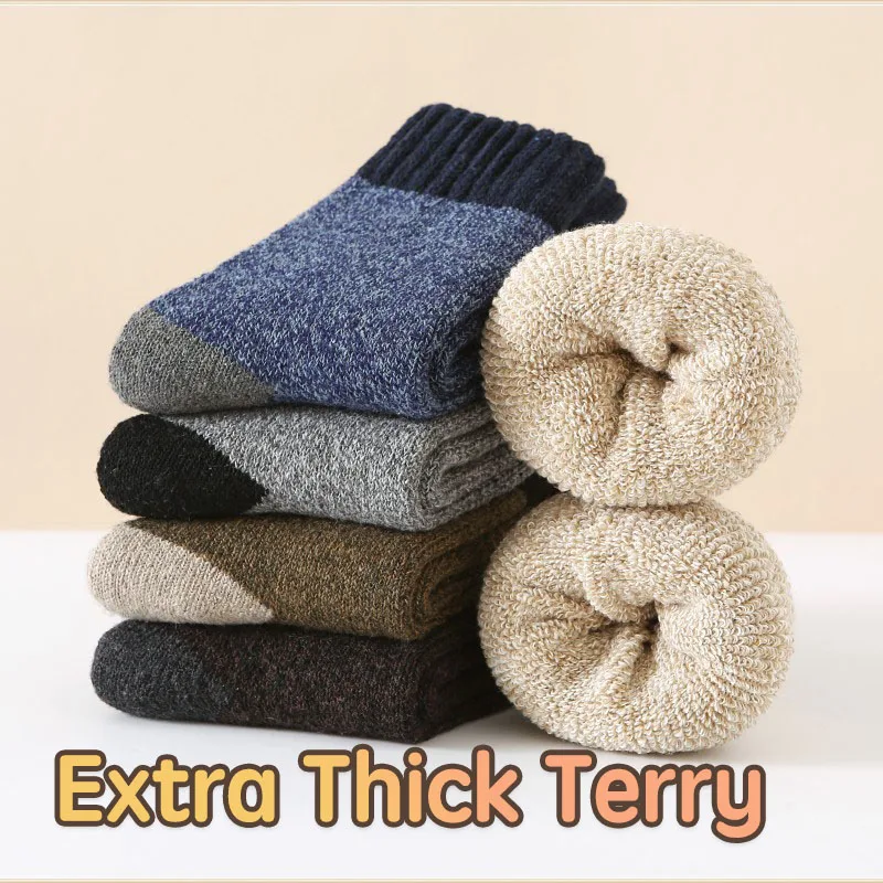 1/5 Pairs جوارب من الصوف. الرجال سميكة الدافئة الشتاء لينة المشي لمسافات طويلة و عادية طاقم الجوارب تيري اصطف الصوف منتصف العجل الجوارب الشتاء الدافئة الرجال