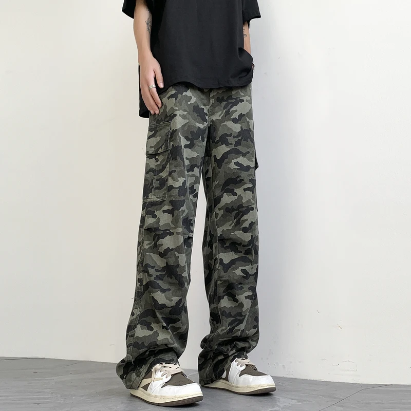 Camouflage Cargo Pants Unisex Y2K Retro 100 Cotton Multi-Pocket Wide Leg Pants Men's Tactical Street Clothing Straight Leg Pants