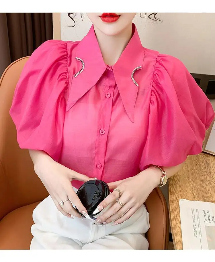 Summer Women's Tops Diamond Point Collar Lantern Short Sleeve White Shirt Korean Fashion Designer Women's Clothing Office
