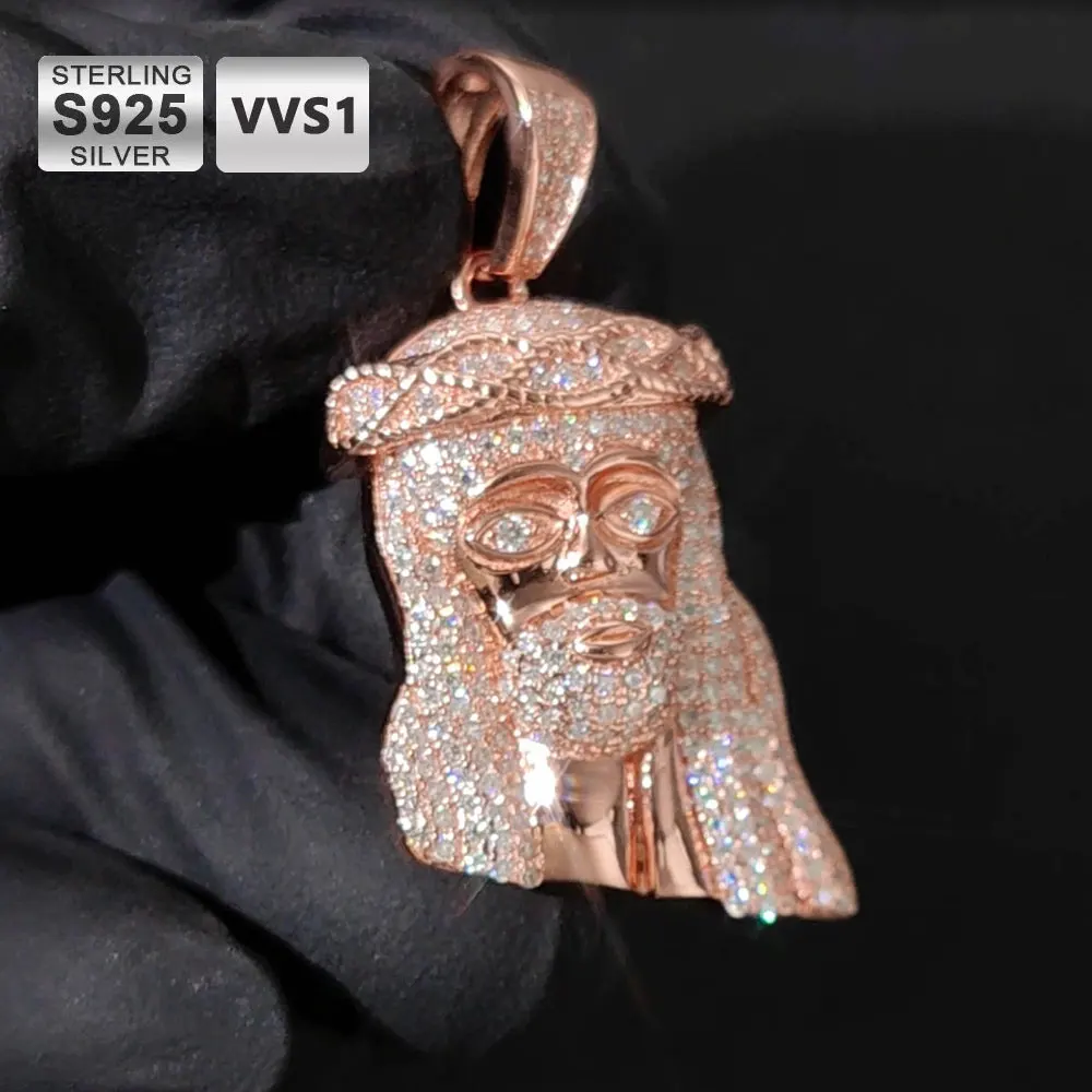 ICEBLING Hip Hop Jewelry Iced Out Moissanite Jesus Head Pendant Pass Diamond Test Rose Gold Plated 925 Silver Charm Necklace