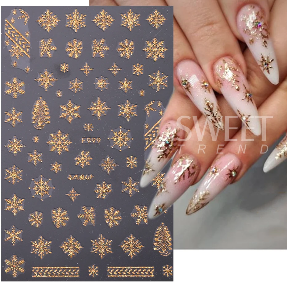 Nail Stickers 3D Gold Glitter Snowflake Nail Sticker Winter Reflective Sweater Star Dancer Christmas Tree Foil Xmas New Year Decal Tips