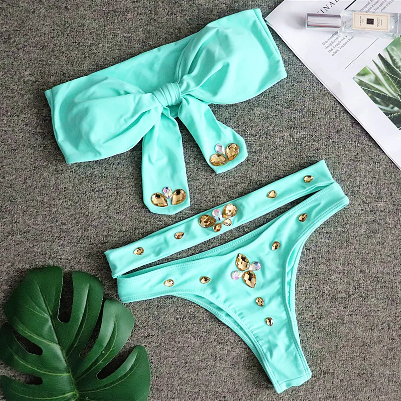 Women's Bikini Knot Strapless Split Swimwear Sexy Crystal Diamond High Waist Bikini
