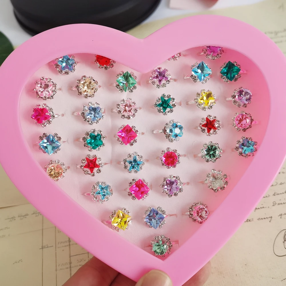12/36PCS/set Adjustable Kids Crystal Rings Jewelry Heart Star Square Open Finger Ring For Children Girl Party Gift 3