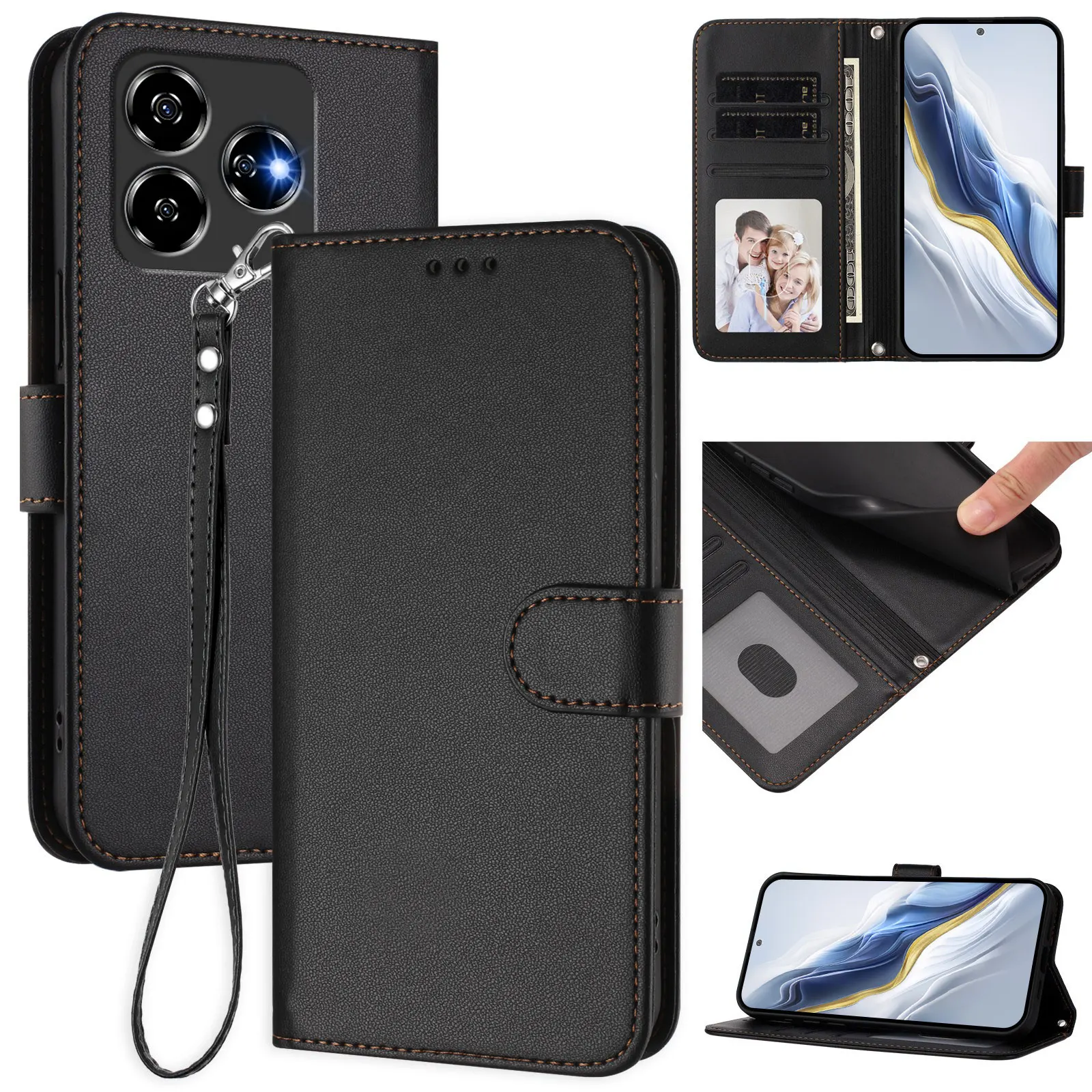 Magnetic Leather Flip Wallet Case with Lanyard - Universal Design