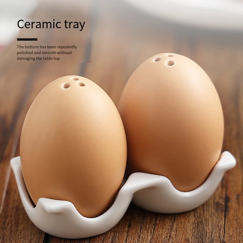 Ceramic Salt Set Pepper Shaker Set Mini Brown Egg Shaped Shakers With Carton Design Holding Stand Seasoning Jars