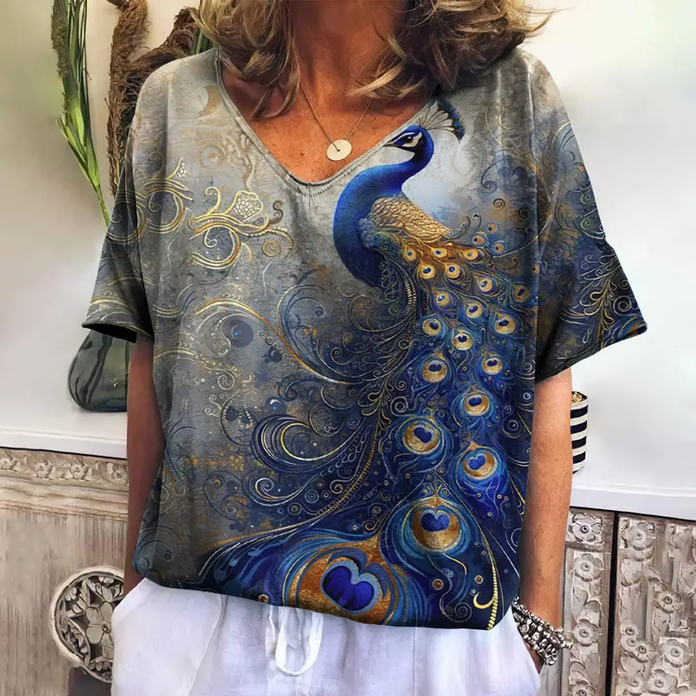 

Summer New Women's T-shirts Cartoon Animal Print Fashion Short Sleeves Tees Tops Casual Loose Pullover V-neck Women Clothing