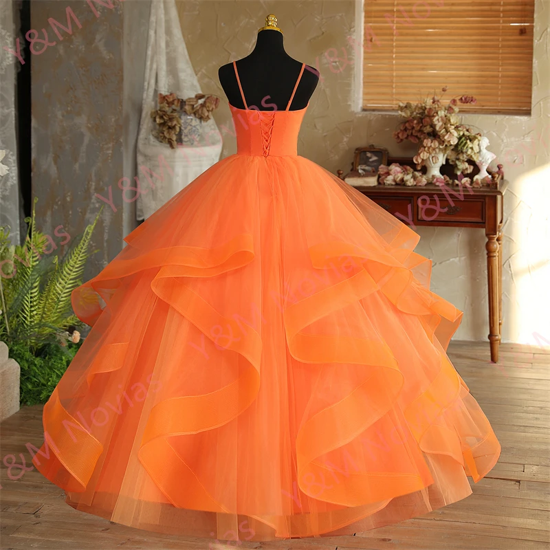 Orange Quinceanera Dresses Spaghetti Straps Sleeveless V-neck Party Prom Vestidos De Quinceaneras Gown New
